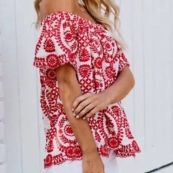 entro Tops - Entro Womens Red White Embroidered Off Shoulder Cotton Boho Top T146 Small